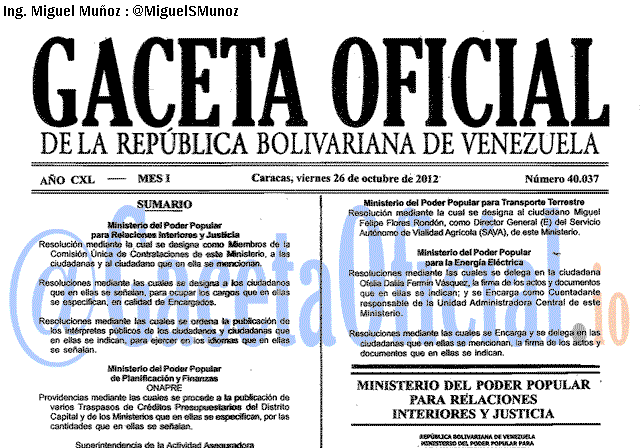 Gaceta Oficial 40037 del 26 Octubre 2012