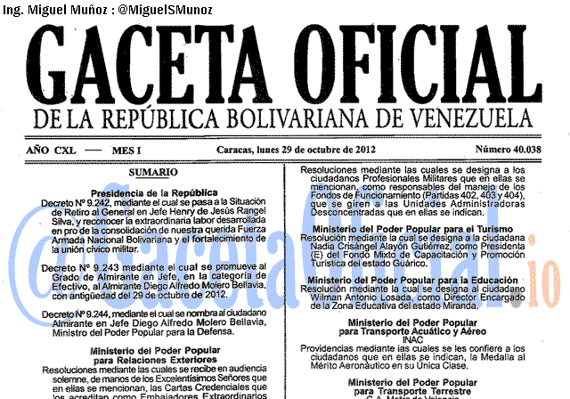 Gaceta Oficial 40038 del 29 Octubre 2012