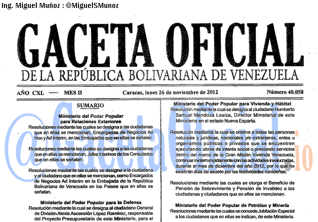 Gaceta Oficial 40058 del 26 Noviembre 2012