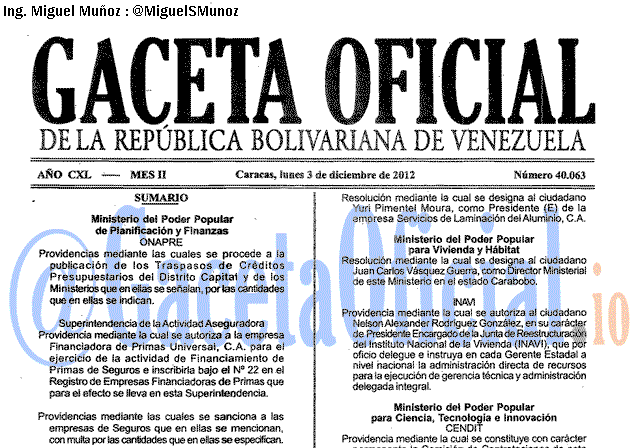 Gaceta Oficial 40063 del 3 Diciembre 2012