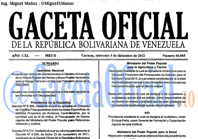 Gaceta Oficial 40065 del 5 Diciembre 2012
