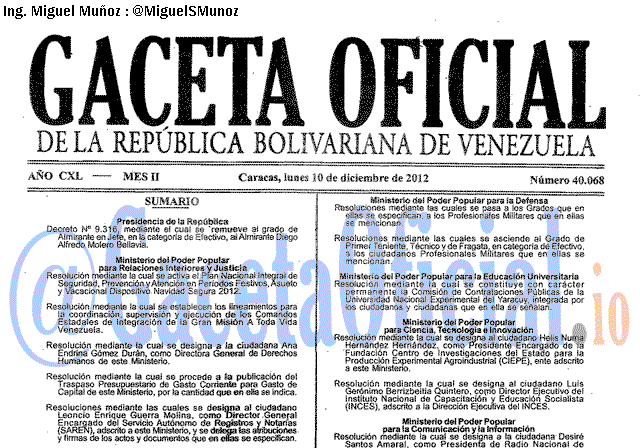 Gaceta Oficial 40068 del 10 Diciembre 2012