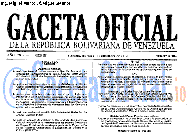 Gaceta Oficial 40069 del 11 Diciembre 2012