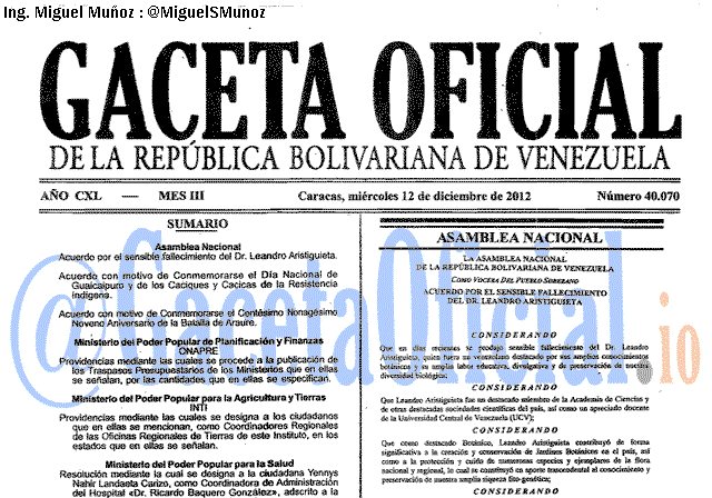 Gaceta Oficial 40070 del 12 Diciembre 2012