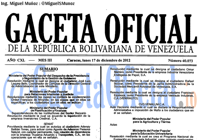 Gaceta Oficial 40073 del 17 Diciembre 2012