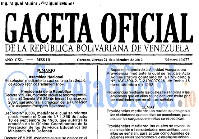Gaceta Oficial 40077 del 21 Diciembre 2012