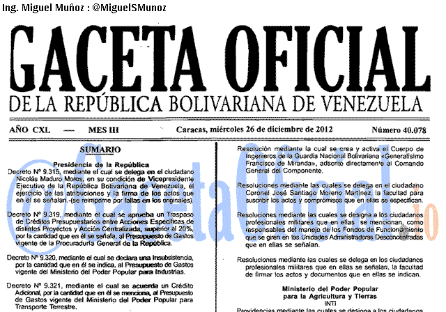 Gaceta Oficial 40078 del 26 Diciembre 2012