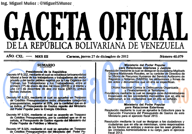 Gaceta Oficial 40079 del 27 Diciembre 2012