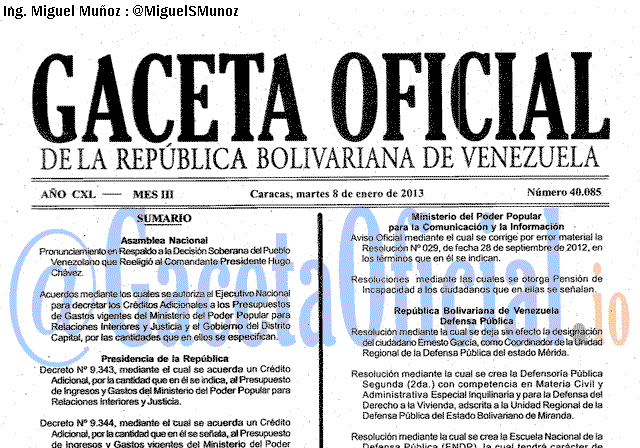 Gaceta Oficial 40085 del 8 Enero 2013