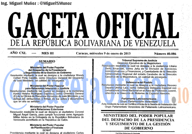 Gaceta Oficial 40086 del 9 Enero 2013