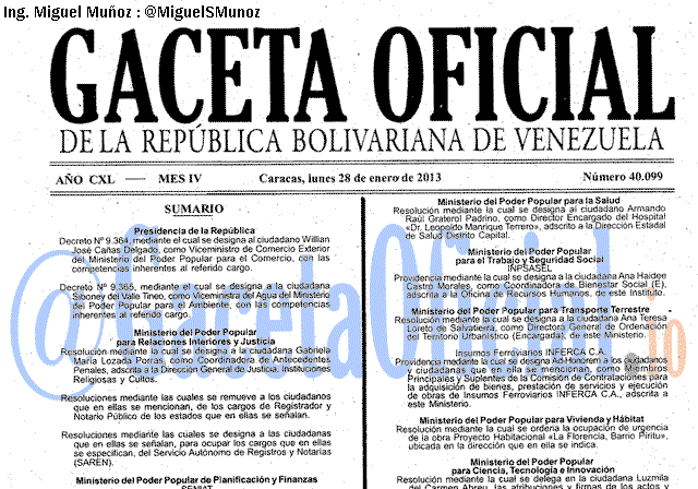 Gaceta Oficial 40099 del 28 Enero 2013