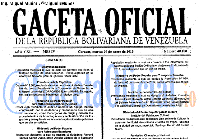 Gaceta Oficial 40100 del 29 Enero 2013