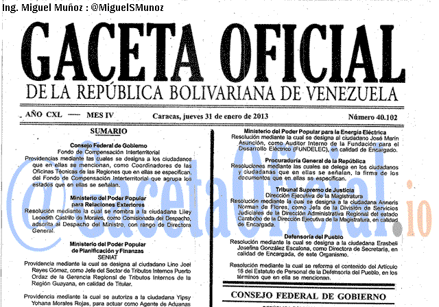 Gaceta Oficial 40102 del 31 Enero 2013