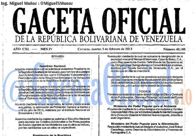 Gaceta Oficial 40105 del 5 Febrero 2013