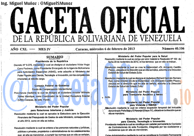 Gaceta Oficial 40106 del 6 Febrero 2013