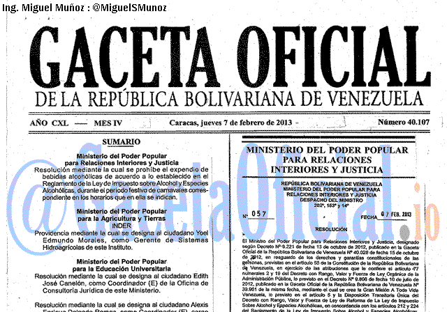 Gaceta Oficial 40107 del 7 Febrero 2013