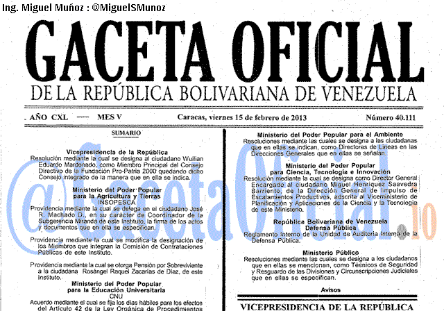 Gaceta Oficial 40111 del 15 Febrero 2013