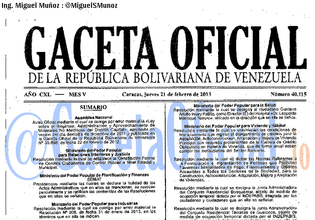 Gaceta Oficial 40115 del 21 Febrero 2013