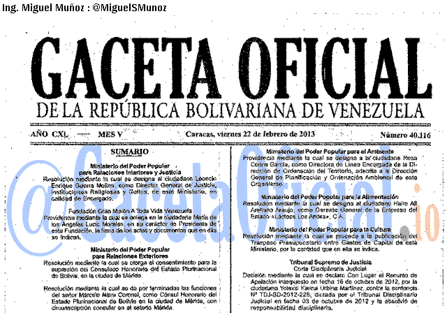 Gaceta Oficial 40116 del 22 Febrero 2013