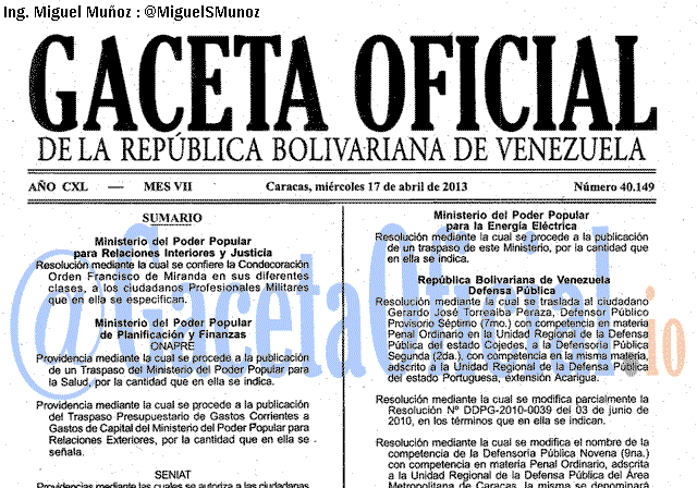 Gaceta Oficial 40149 del 17 Abril 2013