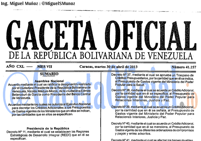 Gaceta Oficial 40157 del 30 Abril 2013