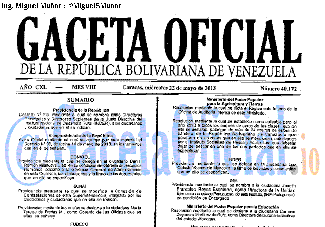 Gaceta Oficial 40172 del 22 Mayo 2013