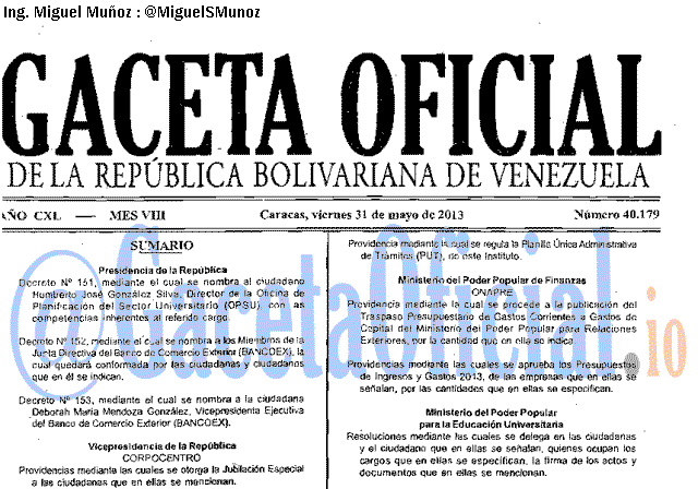 Gaceta Oficial 40179 del 31 Mayo 2013