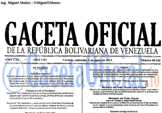 Gaceta Oficial 40182 del 5 Junio 2013