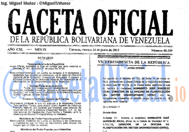 Gaceta Oficial 40189 del 14 Junio 2013
