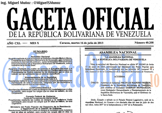 Gaceta Oficial 40208 del 16 Julio 2013