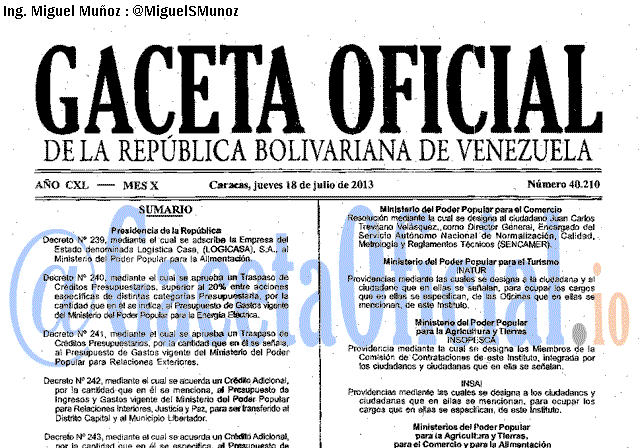 Gaceta Oficial 40210 del 18 Julio 2013