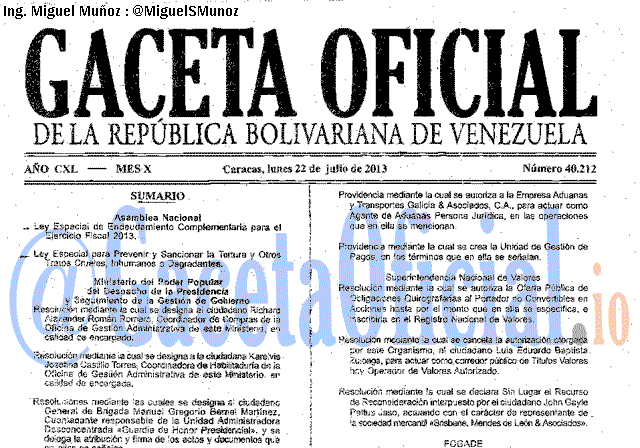 Gaceta Oficial 40212 del 22 Julio 2013