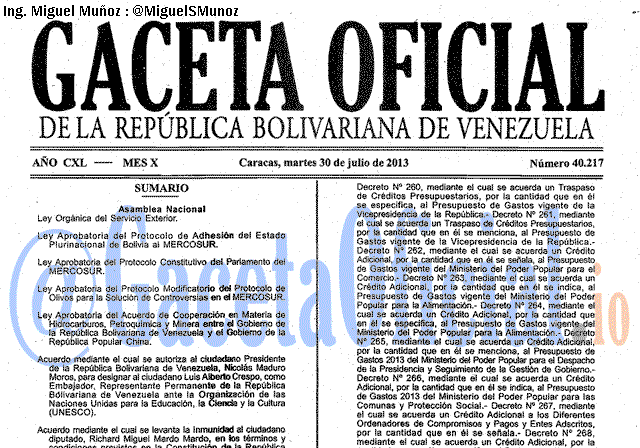 Gaceta Oficial 40217 del 30 Julio 2013