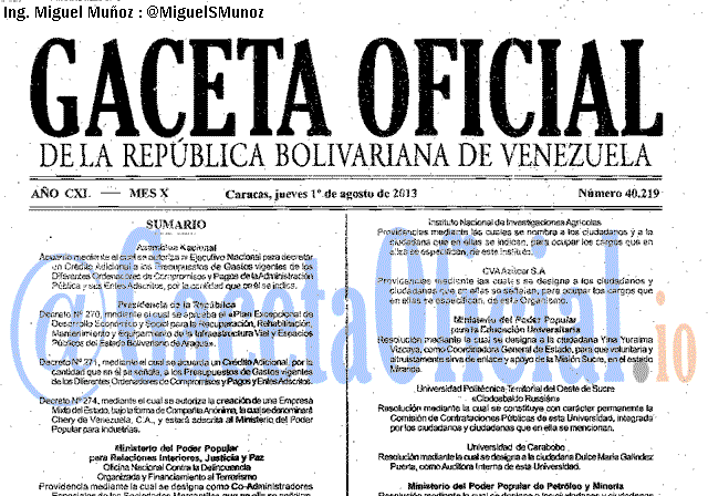Gaceta Oficial 40219 del 1 Agosto 2013