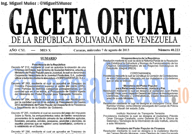 Gaceta Oficial 40223 del 7 Agosto 2013
