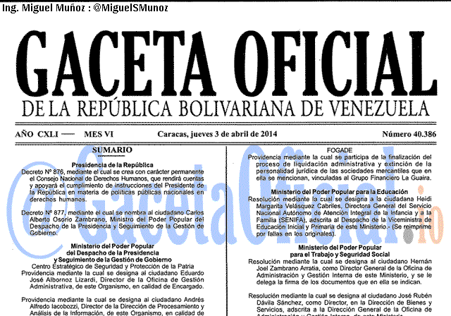 Gaceta Oficial 40386 del 3 Abril 2014
