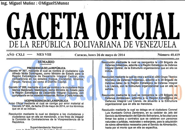 Gaceta Oficial 40419 del 26 Mayo 2014