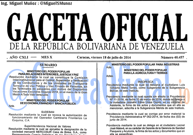 Gaceta Oficial 40457 del 18 Julio 2014