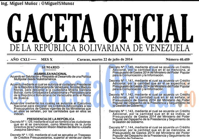 Gaceta Oficial 40459 del 22 Julio 2014
