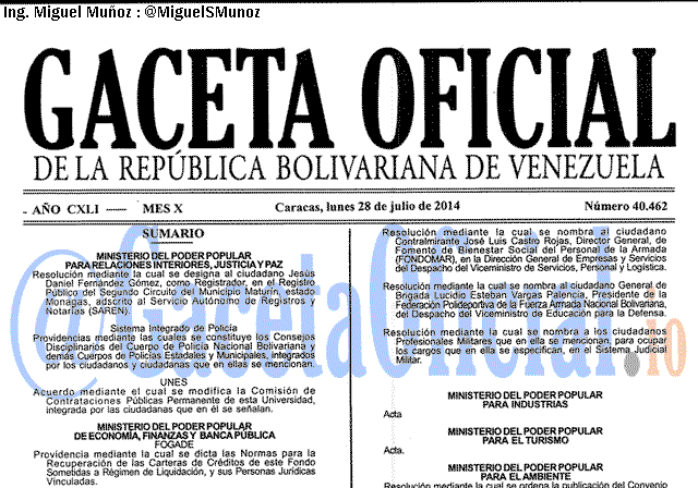 Gaceta Oficial 40462 del 28 Julio 2014