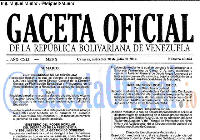 Gaceta Oficial 40464 del 30 Julio 2014