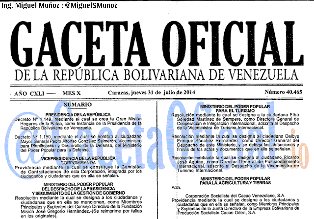 Gaceta Oficial 40465 del 31 Julio 2014