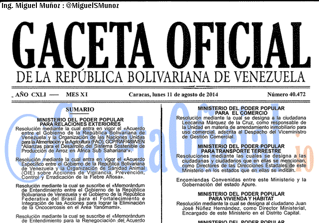Gaceta Oficial 40472 del 11 Agosto 2014