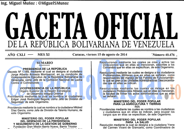 Gaceta Oficial 40476 del 15 Agosto 2014