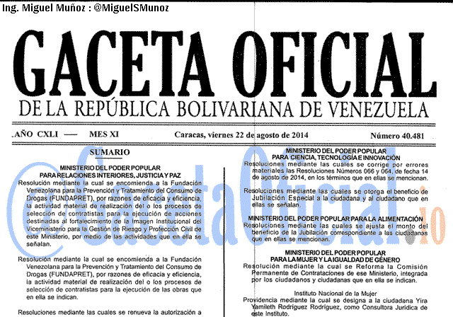 Gaceta Oficial 40481 del 22 Agosto 2014