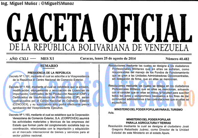 Gaceta Oficial 40482 del 25 Agosto 2014