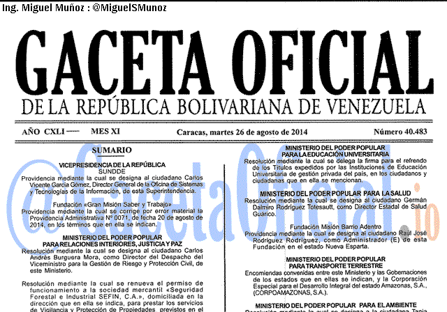 Gaceta Oficial 40483 del 26 Agosto 2014