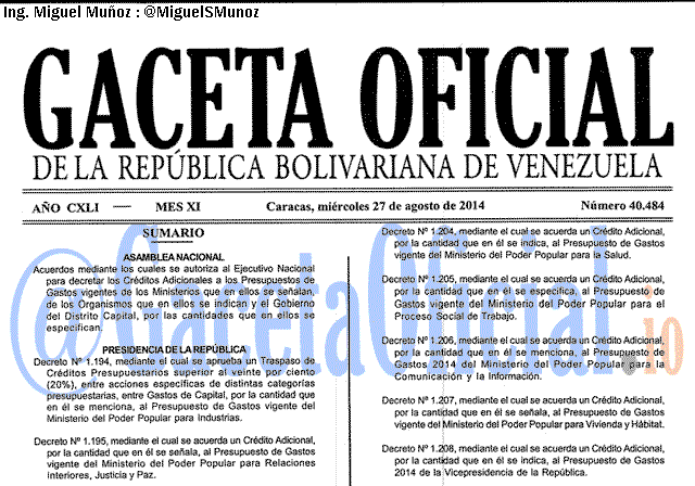 Gaceta Oficial 40484 del 27 Agosto 2014