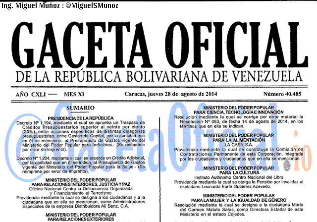 Gaceta Oficial 40485 del 28 Agosto 2014