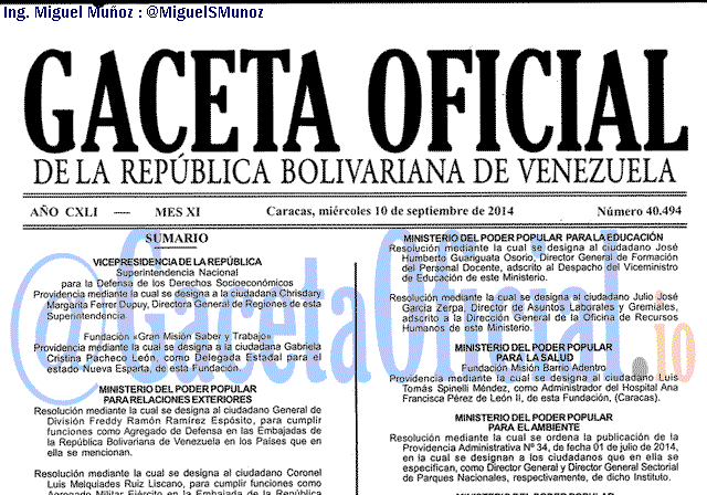 Gaceta Oficial 40494 del 10 Septiembre 2014